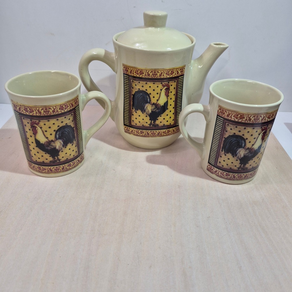 Bay Island‎ Inc Rooster Teapot and 2 Mugs Set Cream Yellow Farmhouse Kitchenware
